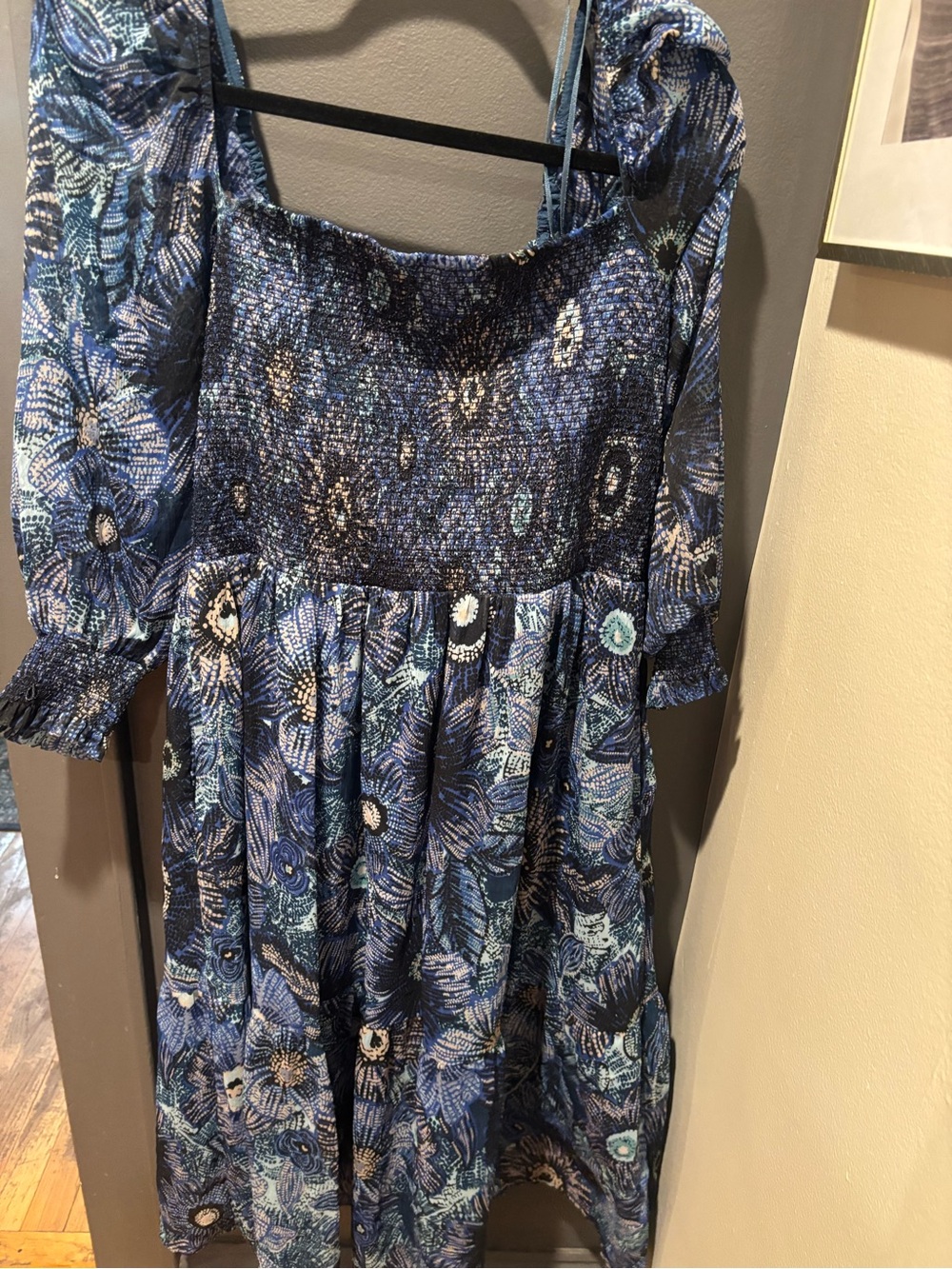 Vince Blue Floral Smocked Bodice Dress